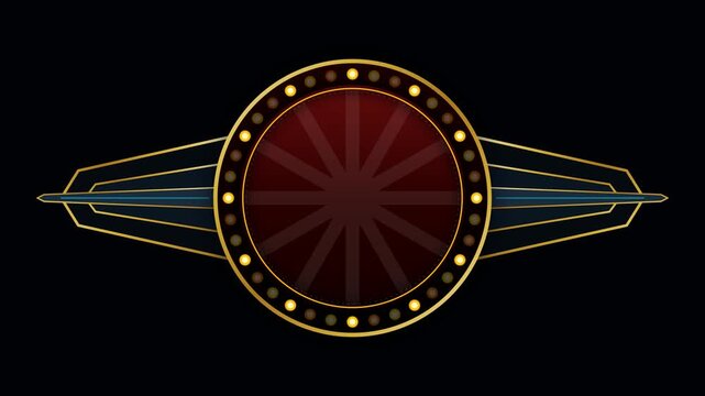 Classic ruby red hollywood cinema winged badge marquee with warm vintage flashing bulbs.