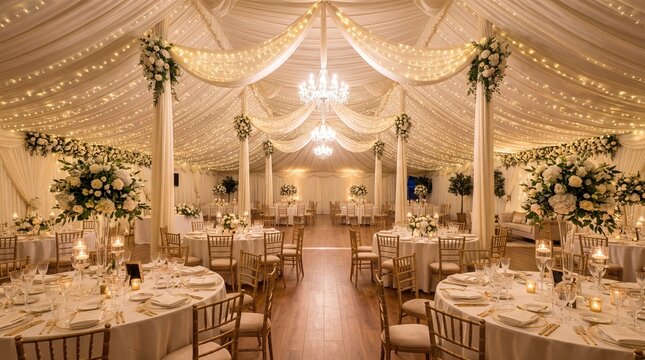 Elegant wedding reception with beautifully arranged tables and ambient lighting.
