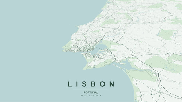 Modern minimalist vector map of Lisbon (Lisboa), Portugal. High-quality scalable illustration of Lisbon city grid, historic Baixa Pombalina layout, Tagus River (Tejo) estuary for posters and design.
