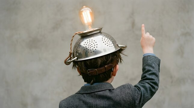 Creative child with colander helmet and lightbulb having an idea