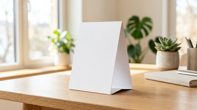Blank triangular table tent on smooth surface in sunlit room concept. Empty sign holder on a wooden desk in a bright office.