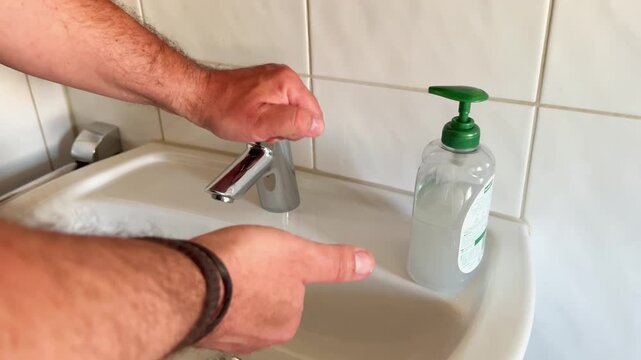 Ein Mann w&auml;scht sich an einem Waschbecken im Badezimmer die H&auml;nde