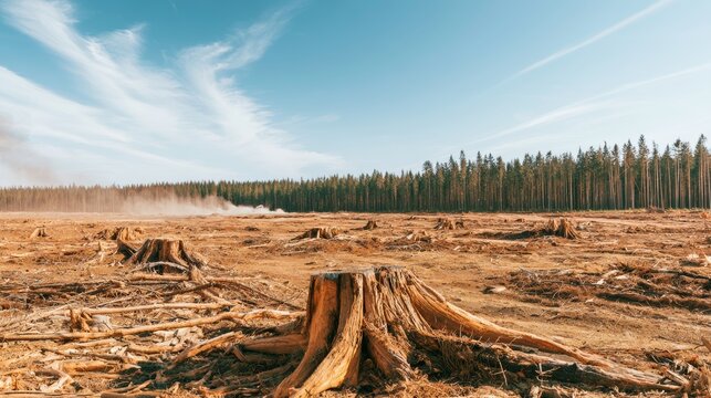 Deforestation showing clear cut forest with tree stumps covering barren ground beneath a blue sky, new logging activity