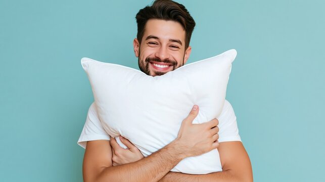 Young man happily hugging soft white pillow, finding comfort and good sleep, smiling enjoying well being and domestic relaxation