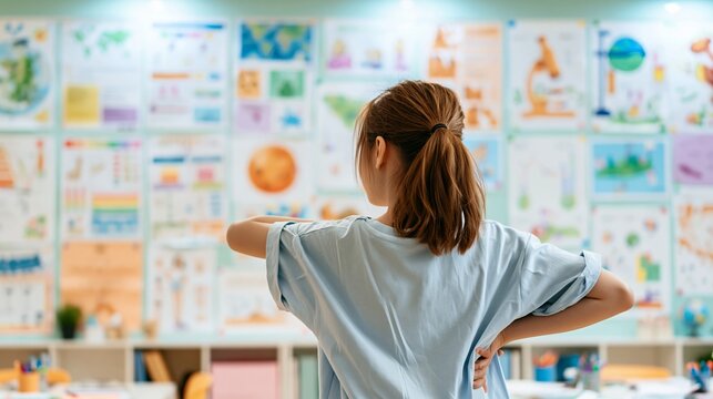 Young student learning, observing colorful educational charts on classroom wall, focusing on science and knowledge