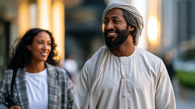 A businessman in a soft thobe with a soft folded ghatra walks softly with a calm colleague through a bright modern plaza in soft golden daylight colleague walk modern plaza