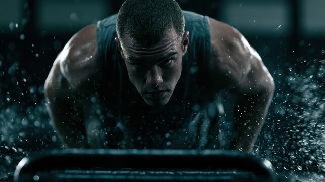 Low angle view of a focused muscular male athlete pushing a heavy sled with splashing water during an intense gym workout.