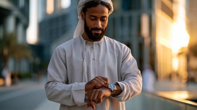 A businessman in a soft thobe softly checks a bright watch while walking through a calm modern plaza in golden daylight watch check modern plaza thobe attire ghatra detail