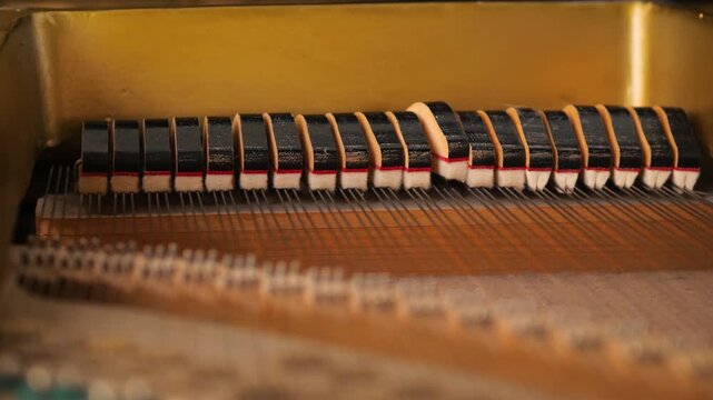 Close up of the internal mechanism of a vintage piano with a golden frame. Felt dampers move along metal strings while keys are being pressed.