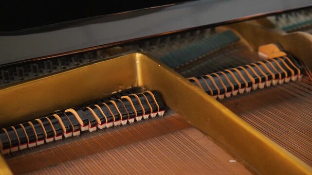 The inner mechanism of a vintage grand piano with moving wooden hammers during play. Close-up of vibrating metal strings and parts of the piano