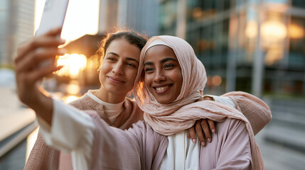 Obraz premium A young businesswoman in a soft pastel abaya softly takes a bright selfie with a calm friend in a modern plaza in golden daylight plaza selfie modern plaza pastel abaya joyful