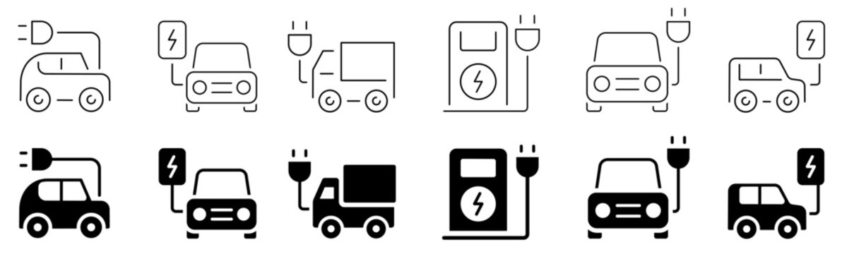 Electric vehicle and car charging station icon set. EV transport, eco friendly delivery truck and battery charge outline and solid symbols. Editable stroke.