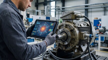 Fototapeta premium Engineer using tablet to analyze motor performance in a modern industrial workshop.