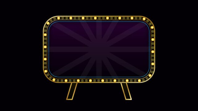Retro futuristic drive-in movie screen marquee frame with vintage neon signs and flashing bulbs.