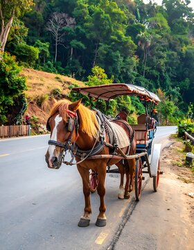 A horse-drawn carriage on a scenic road