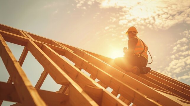Stunning sunrise over roof framing  construction worker silhouetted against a glowing horizon