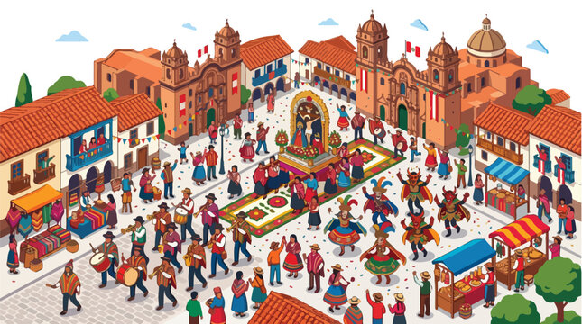 Vibrant Peruvian Festival Celebration in Cusco Plaza with Religious Procession and Traditional Dancers