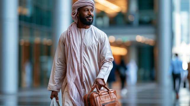 A businessman in a soft kandora and ghatra walks softly with a calm briefcase through a bright modern financial plaza in soft daylight briefcase walk modern plaza