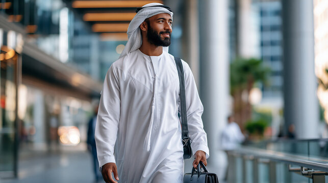 A businessman in a soft kandora and ghatra walks softly with a calm briefcase through a bright modern financial plaza in soft daylight briefcase walk modern plaza