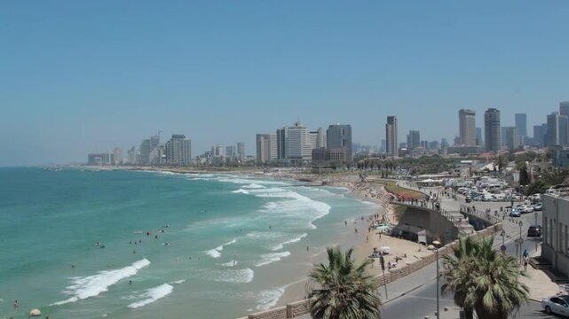 Tel Aviv view, beach and people.
