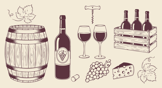 Hand-drawn vintage wine production and tasting elements set, featuring barrel, bottles, glasses, grapes, and cheese in an elegant illustration style