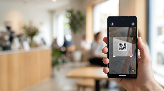 Hand holding smartphone scanning QR code in a modern cafe.