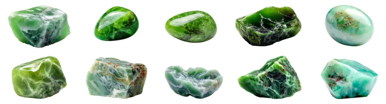 Assorted green jade stones for gemstone and mineral collection concept isolated on transparent background
