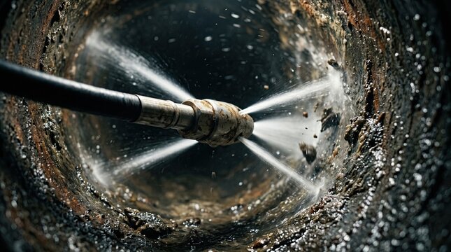 Maintenance severed main sewer pipe hydro jet cleaning concept. High-pressure water cleaning process removes dirt and debris from pipes.