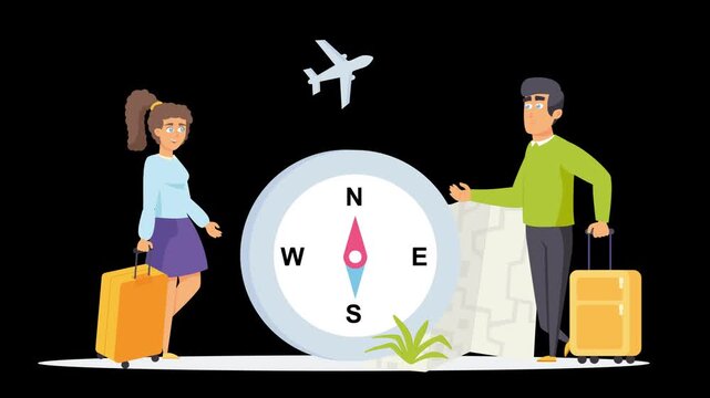 Holiday tour plan of a couple's flat illustration navigating on a map. Vacation on summer advertising concept of travel agencies 