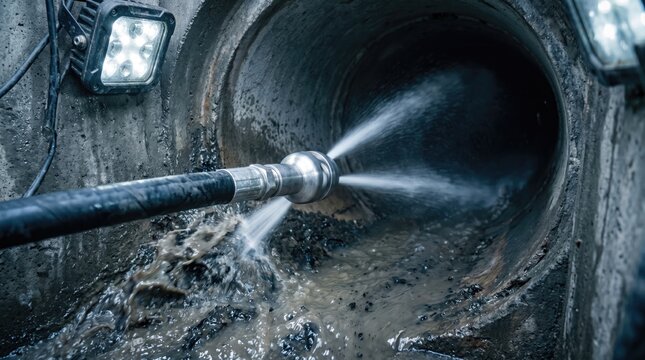 Maintenance severed main sewer pipe hydro jet cleaning concept. High-pressure water jet cleaning a sewage pipe in a dark, industrial environment.