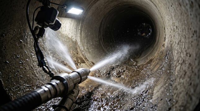 Maintenance severed main sewer pipe hydro jet cleaning concept. High-pressure water jet cleaning in a dark industrial pipe environment.