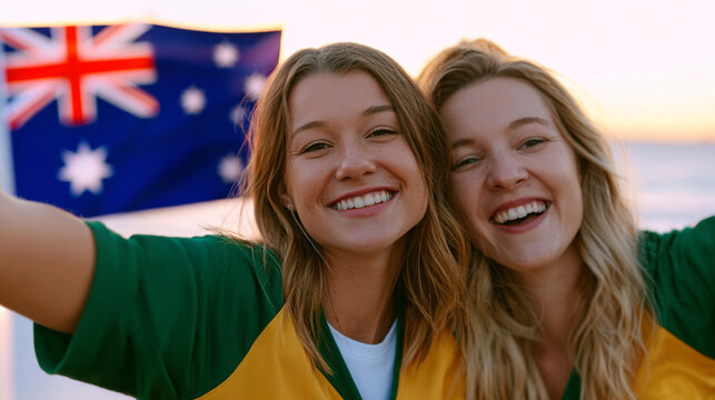 Emotional Australian Women Football Fans Celebrating Victory in Green and Gold Jerseys at Sunset Beachfront Watch Party
