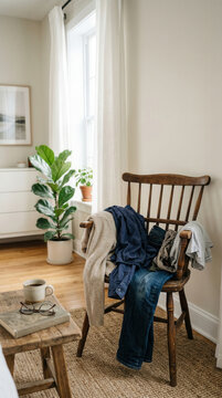 Neutral Beige Living Room Corner with Wooden Chair Draped with Jeans and Knit Sweater, Fiddle Leaf Fig Plant, Jute Rug, Coffee Mug and Glasses on Side Table, Natural Window Light, Vertical