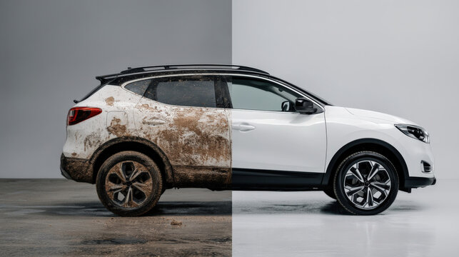 Split side view of an SUV divided in two halves showing a dramatic before and after contrast, left half mud-covered dirty and weathered, right half clean white polished, studio auto detailing concept