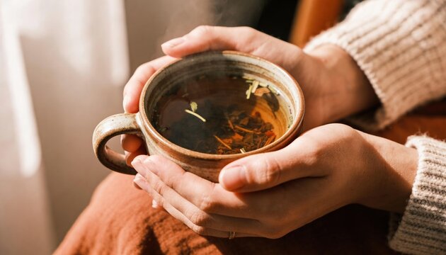 Two Hands Cradling Gray-Brown Ceramic Mug with Herbal Tea and Floating Herbs, Orange Fabric in Background, Warm Cozy Atmosphere, Wellness and Mindfulness Concept, Horizontal, Copy Space