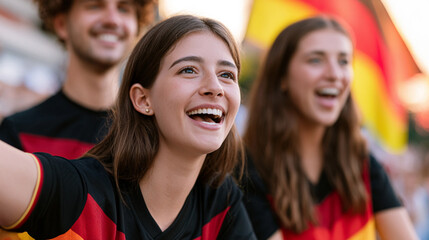 Fototapeta premium Emotional German Woman Football Fan Celebrating Dramatic Victory in Black Red and Gold Jersey