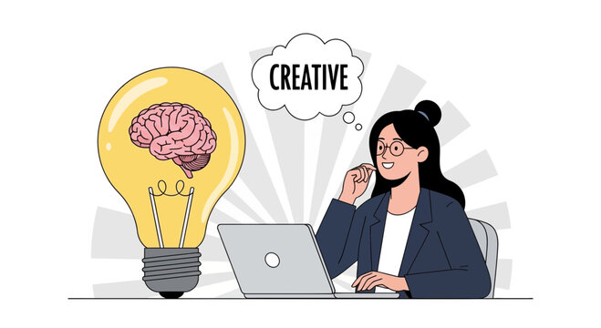 Woman Thinking Creatively with Lightbulb Brain Idea