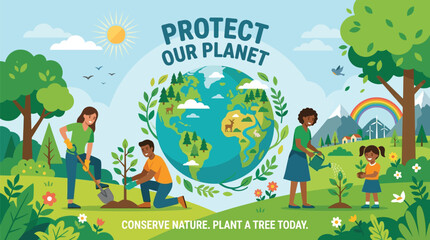 Fototapeta premium Protect Our Planet Banner with Volunteers and Family Planting Trees for Reforestation Vector Illustration