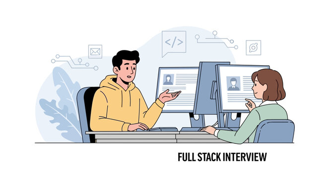 Full Stack Developer Job Interview. Tech recruitment, coding interview, career opportunity.