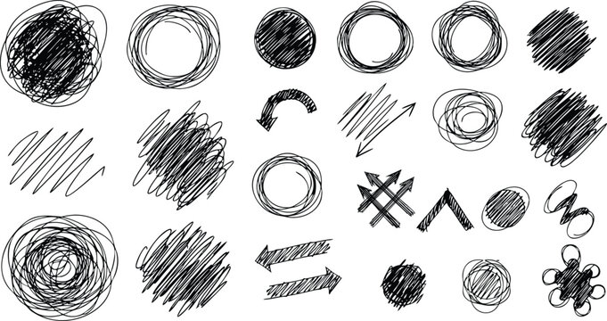 Scribble circle collection hand drawn pencil doodle sketch elements set including organic textures hatch strokes and messy round frames.