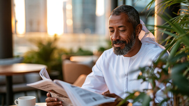 A businessman in a soft white thobe with ghatra and agal reads a bright newspaper at a calm outdoor cafe in soft golden daylight newspaper reading modern cafe thobe attire