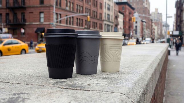 Three takeaway coffee in cups with stylish design of black, gray and white colors on concrete surface, city street background. Modern product photo of reusable cups with lids. Horizontal banner.