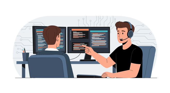 Two developers collaborating on code at dual monitors, IT support concept