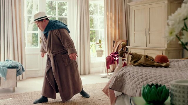 Man, dancing and role play for fun in home with energy, playful rhythm and practice session. Dancer, fantasy and costume with movement, choreography and male person with down syndrome for theatre art