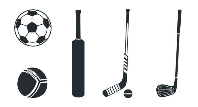 Sports equipment icons including soccer ball cricket bat american football hockey stick and golf club on white background