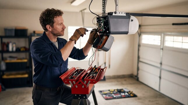 Technician repairing garage door mechanism with tools safety concept. Man repairing a garage door opener with tools in a well-lit garage environment.