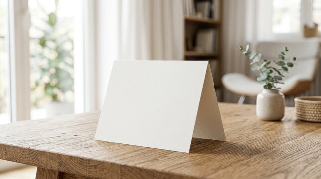 Blank triangular table tent on smooth surface in sunlit room concept. Minimalist blank card on a wooden table in a cozy home setting.