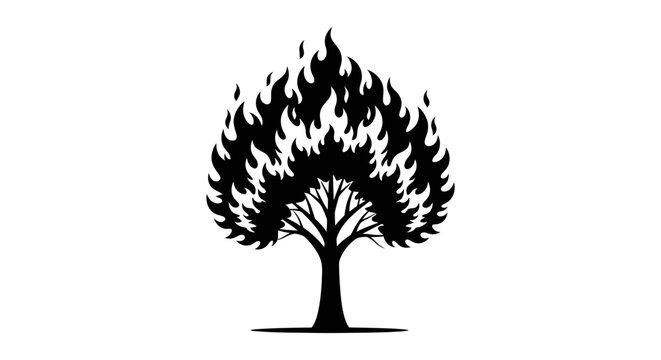 Black silhouette of a tree engulfed in flames on a white background symbolizing destruction and chaos
