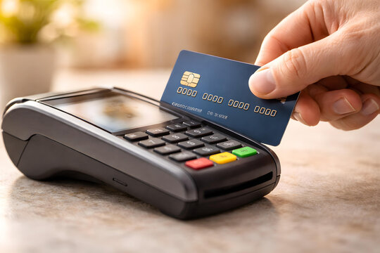 Contactless payment with chip card and card reader terminal in warm cafe setting, secure transaction and modern convenience