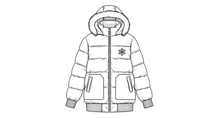 Winter puffer coat fashion illustration with fur hood technical sketch © Saima